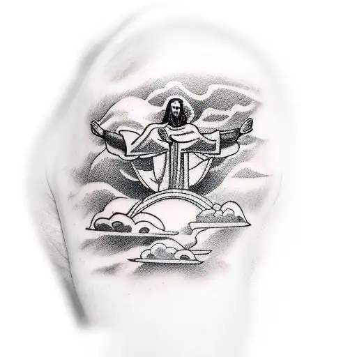 an arm sleeve with jesus of rio de janeiro medium size in the tricep, in the backround clouds and birds and a quote  tattoo design idea