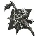 Incorporate the Horde banner with a blackwork design of Sylvanas leading her army into battle tattoo design idea