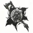 Incorporate the Horde banner with a blackwork design of Sylvanas leading her army into battle tattoo design idea