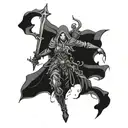 Incorporate the Horde banner with a blackwork design of Sylvanas leading her army into battle tattoo design idea