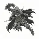 Incorporate the Horde banner with a blackwork design of Sylvanas leading her army into battle tattoo design idea