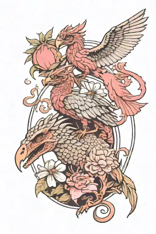 dinosaur, flamingo, dragon and owl watching on  tattoo design idea