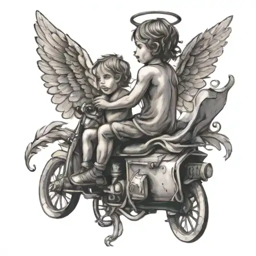 An elaborate black and grey design of a child riding on the back of an angel, symbolizing hope and guidance tattoo design idea