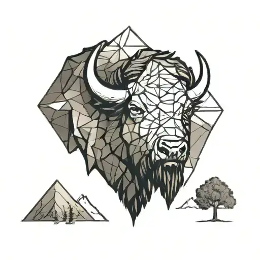 bison face with mountain tree background tattoo design idea