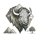 bison face with mountain tree background tattoo design idea