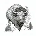 bison face with mountain tree background tattoo design idea