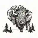 bison face with mountain tree background tattoo design idea