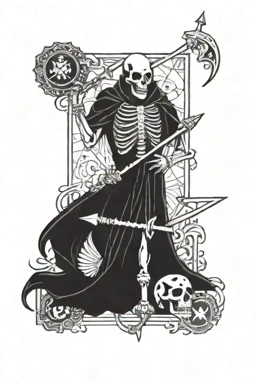 Tarot card with skeletal figure holding a dice and a trident tattoo design idea