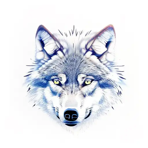 wolf face, left part of the face is white with a red eye. and de right part of the face is grey with a green eye tattoo design idea