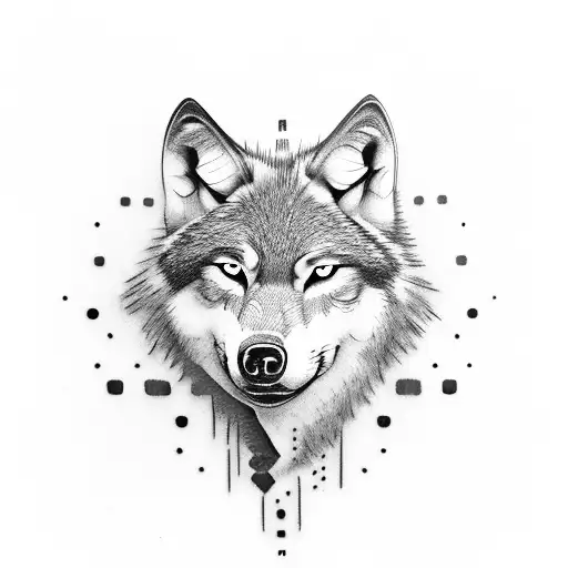 wolf face, the left part of the face is white with a red eye. and de right part of the face is grey with a green eye tattoo design idea