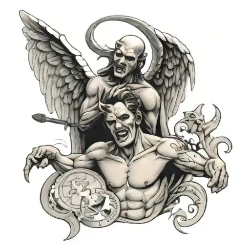 1 angel in pain and devil with money symbols incorporated tattoo design idea