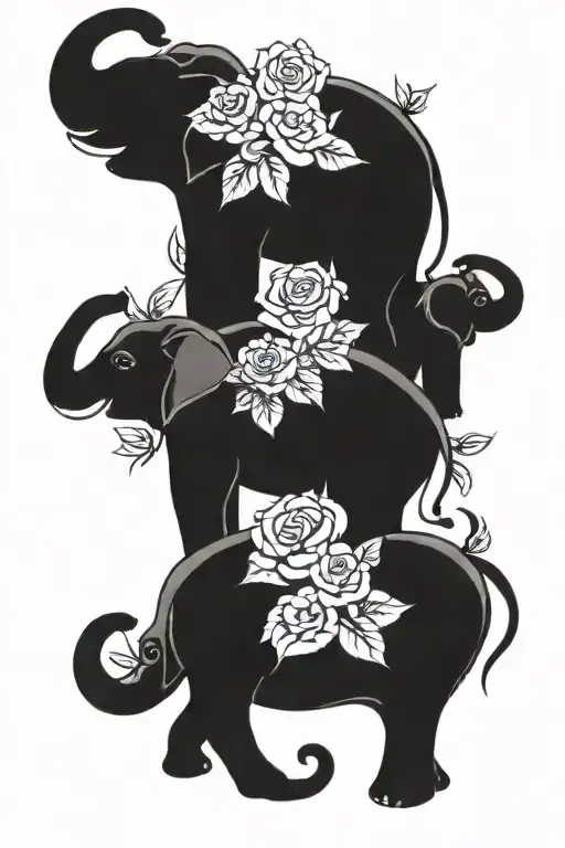 Roses and lilys surrounding mom elephant with four baby elephants tattoo design idea
