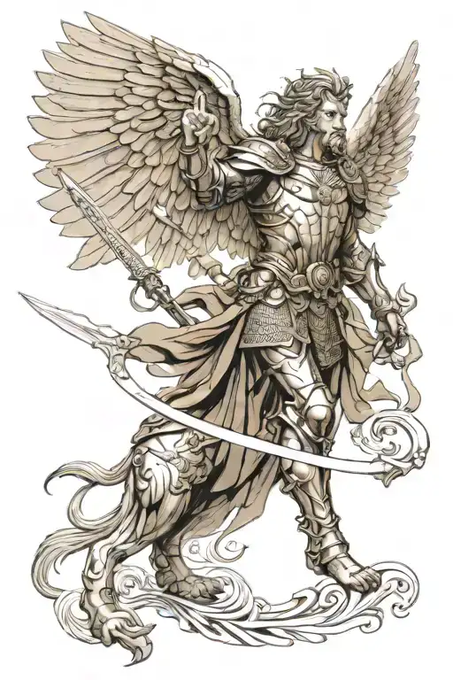 archangel michael in robes and armor, flying over Noah's Ark, protecting it with a longsword, also including judahs lion tattoo design idea