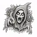 ghost with middle finger up and buttons for eyes  tattoo design idea