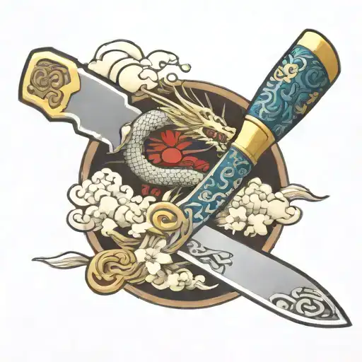 miyabi knife with Japanese dragon flying around the blade with Japanese's style clouds and blossom tattoo design idea