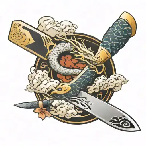 miyabi knife with Japanese dragon flying around the blade with Japanese's style clouds and blossom tattoo design idea