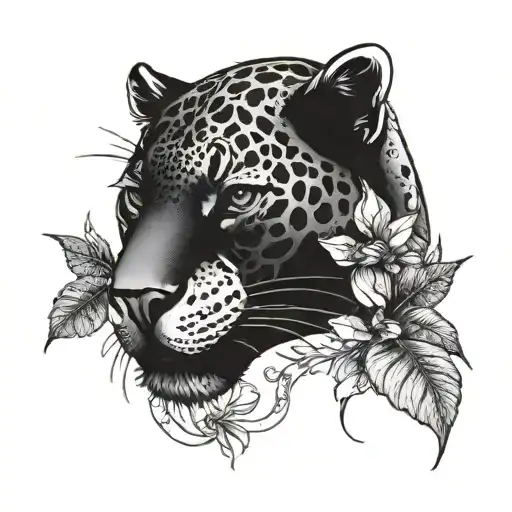 cyberpunk jaguar with birds and plants tattoo design idea