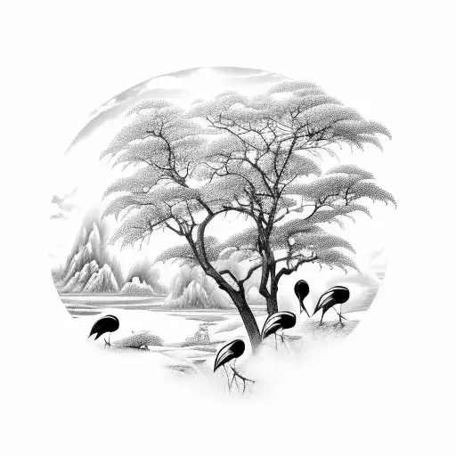 asian landscape (with some storks in the background) tattoo design idea