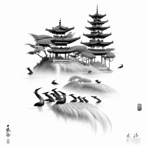 asian landscape (with some storks in the background) tattoo design idea
