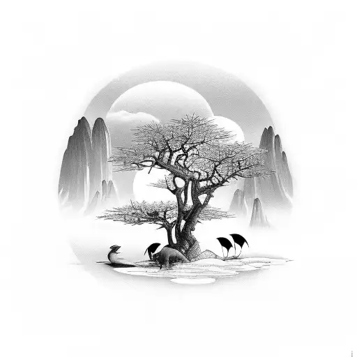 asian landscape (with some storks in the background) tattoo design idea