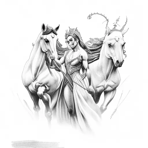 Nyx Greek goddess and four horses of apocalypse  tattoo design idea