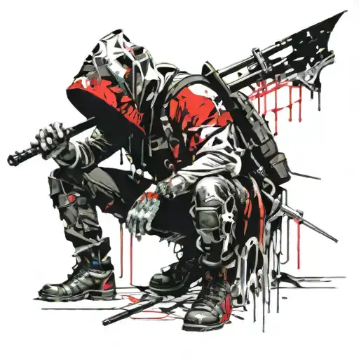 hooded warrior sitting on his knees with a spark in his hand tattoo design idea