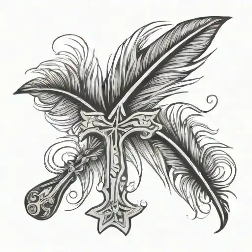a small cross with a small curved feather next to it with the words :Isaiah 40:31" running vertical below the feather tattoo design idea