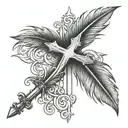 a small cross with a small curved feather next to it with the words :Isaiah 40:31" running vertical below the feather tattoo design idea