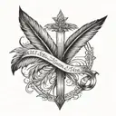 small simple cross, small curved feather beside it, with the verse Isaiah 40:31  running vertical below the feather tattoo design idea