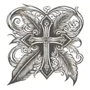 small plain simple black cross, 1 small curved feather beside it, Isaiah 40:31, no frills  tattoo design idea