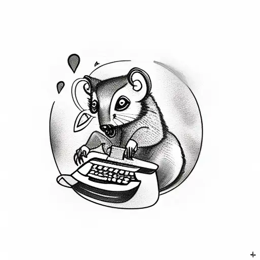 Sketch-style tattoo of a possum screaming while typing on a computer keyboard tattoo design idea