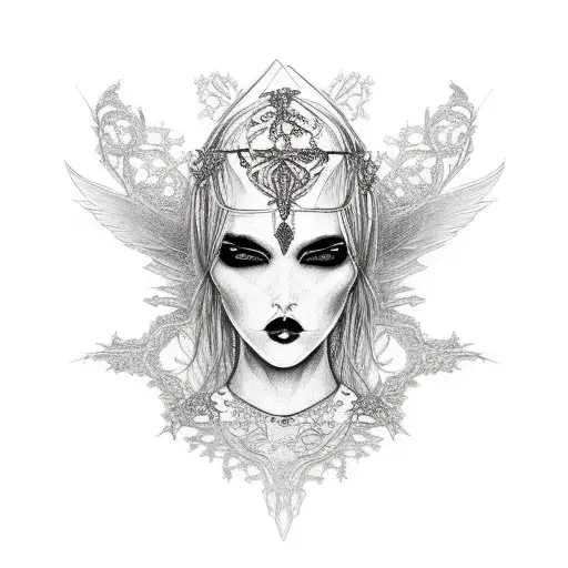 A gothic-inspired fashion sketch with intricate lace details tattoo design idea