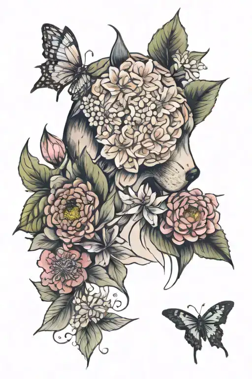 Thompson with hydrangea, zinnia, and lily flower tattoo design idea