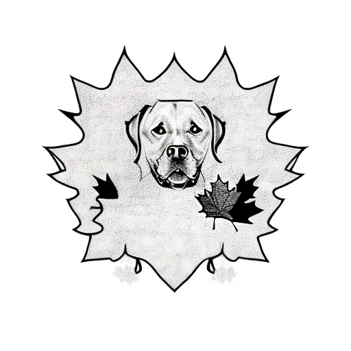 Portrait of a black labrador retriever wearing a hockey jersey with a maple leaf emblem tattoo design idea