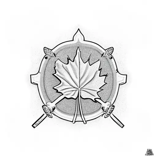 A hockey puck with a maple leaf design, held in the mouth of a black labrador retriever tattoo design idea