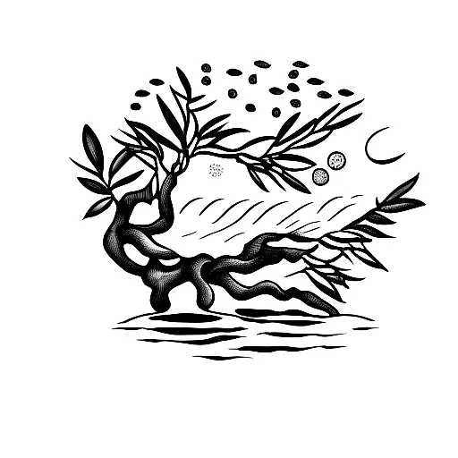 olive tree with deep roots and water and almond blossoms around the tree in a circle tattoo design idea