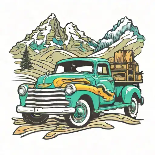 old Chevy truck, mountains, colourful hakuna matata tattoo design idea