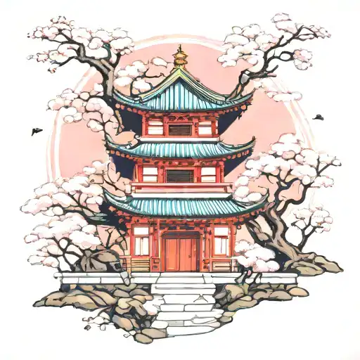 wabi sab i temple with cherry blossom courtyard tattoo design idea