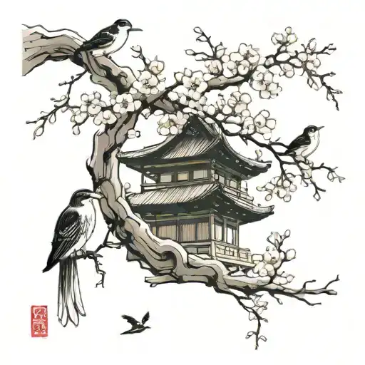 wabi sabi japanese temple with cherry blossoms and birds tattoo design idea
