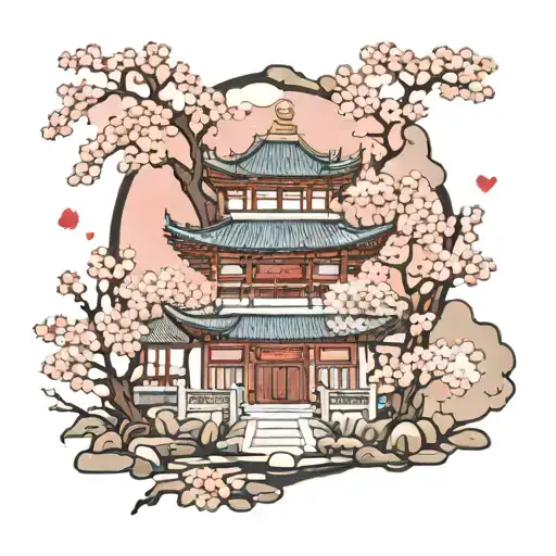 wabi sab i temple with cherry blossom courtyard tattoo design idea