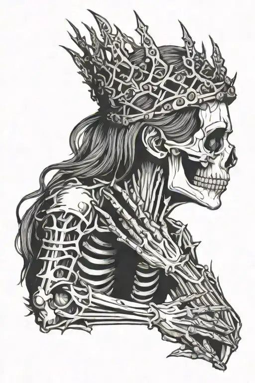 Female skeleton with crown of thorns on head with hands folded in prayer looking to the side tattoo design idea