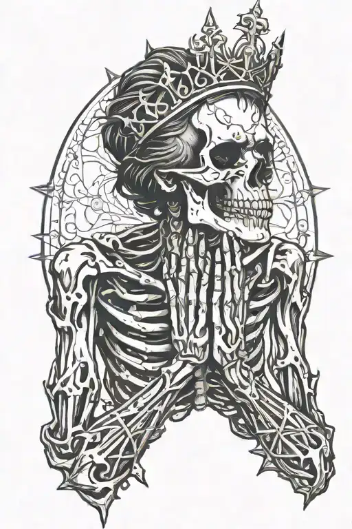 A female skeleton with a crown of thorns on her head and hands folded in prayer looks to the side tattoo design idea
