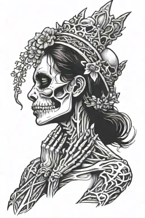 A female skeleton with a crown of thorns on her head and hands folded in prayer looks to the side tattoo design idea
