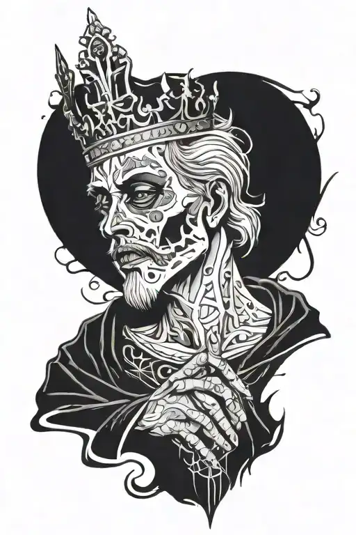 Santa Muerta with a crown of thorns on his head with folded hands in prayer looking to the side tattoo design idea