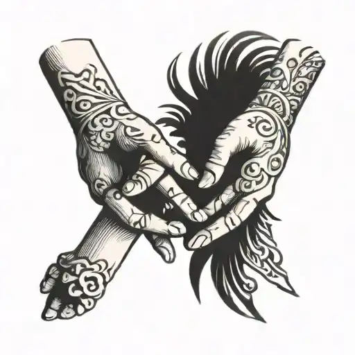 Two realistic or stylized hands crossed at the little fingers. A heart directly above, with tattoo design idea