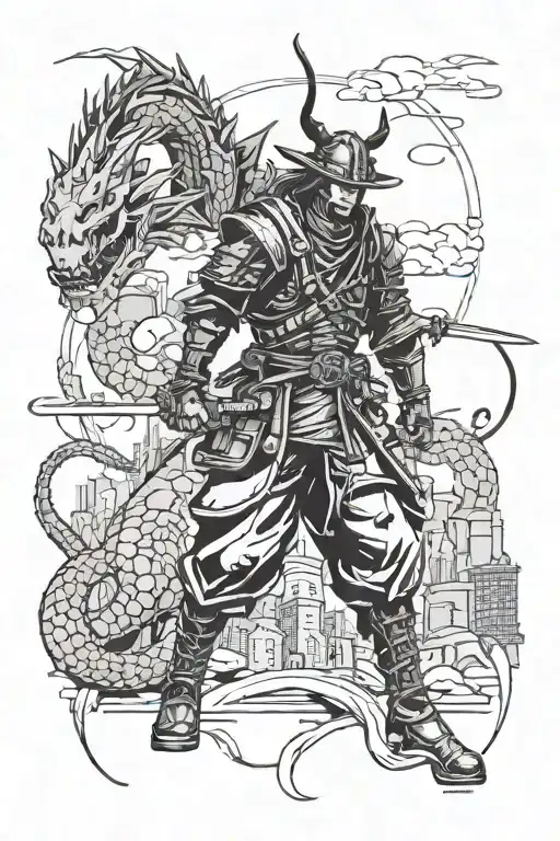 A futuristic cyberpunk samurai battling a dragon in a post-apocalyptic cityscape tattoo design idea