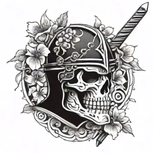 A skull wearing a knight's helmet, surrounded by intricate sword designs and Japanese cherry blossoms tattoo design idea