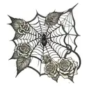 Jerry spelledd into a spiderweb with a web string coming down connected with rose pedals tattoo design idea