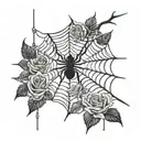 Jerry spelledd into a spiderweb with a web string coming down connected with rose pedals tattoo design idea
