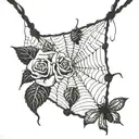 Jerry spelledd into a spiderweb with a web string coming down connected with rose pedals tattoo design idea